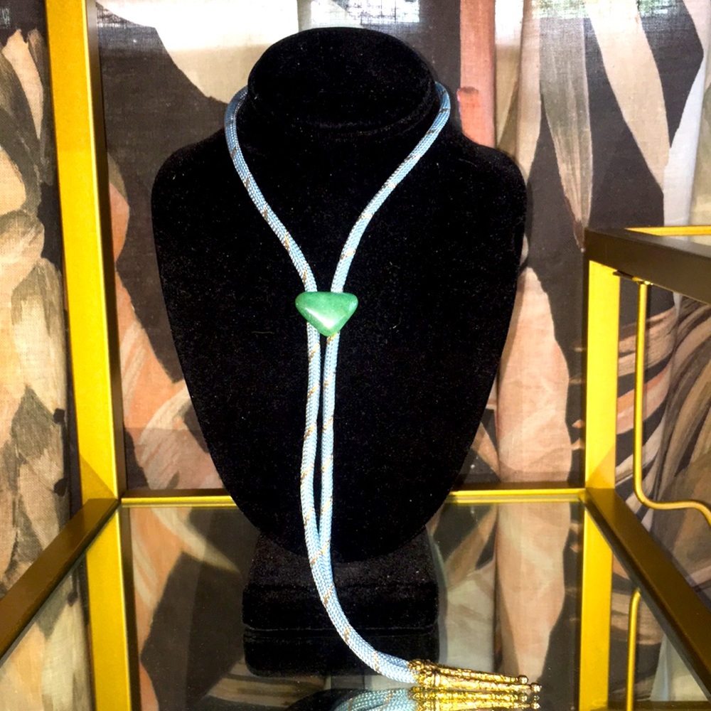 Western Bolo Tie with Green Stone Blue Rope Necklace Gold Tone Hardware